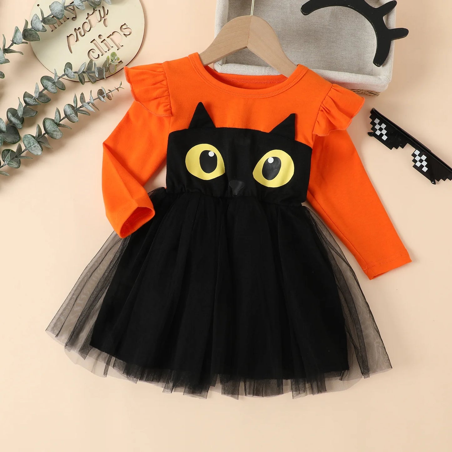 Halloween Kids Dress Girls Autumn Long Sleeve Cotton Cartoon Cat Print Tulle Skirt European American Style Party Costume Good Vibrations