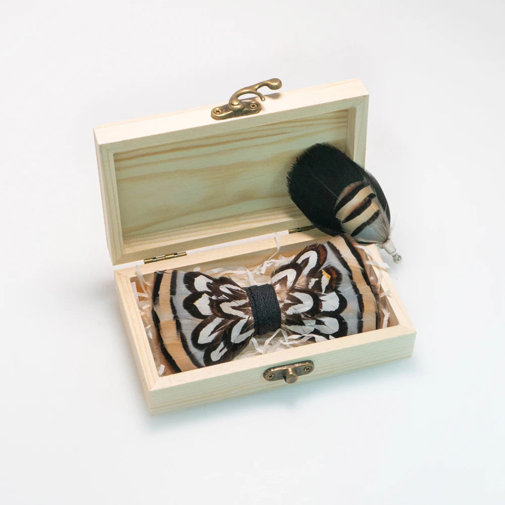 Wedding Bow Tie for Men handmade feather bow tie black white Pre-tied bowtie brooch wooden box Set for Party birthday Gift Good Vibrations