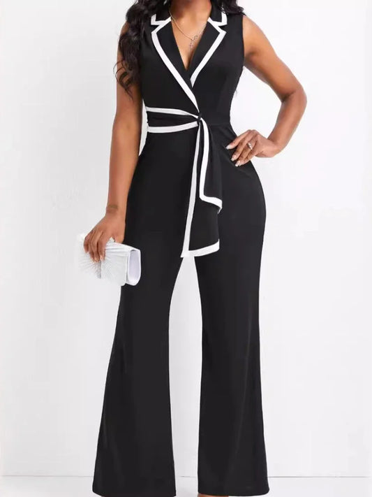 Women's full length sleeveless black jumpsuit with white trim and wide leg pants for office wear