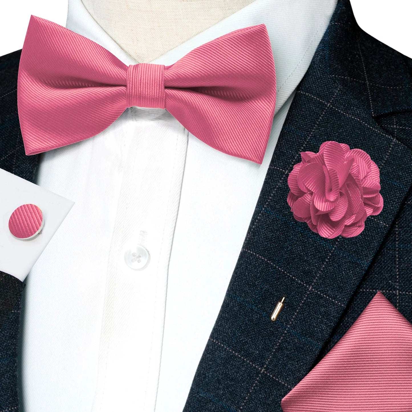 Wedding Bow Tie for Men Solid Pink Pre-tied Bowtie Pocket Square Cufflinks Corsage Set Party Business Silk Butterfly Knot Gift Good Vibrations