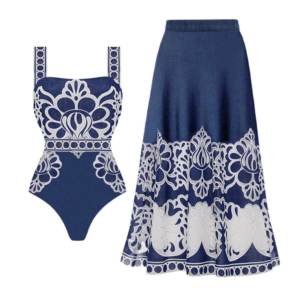 2Pcs Printed Swimsuit Women Sexy Swimwear New Bikini With Long Skirt Female Biquini Push Up Swim Suit Bodysuit Beachwear CoverUp Good Vibrations