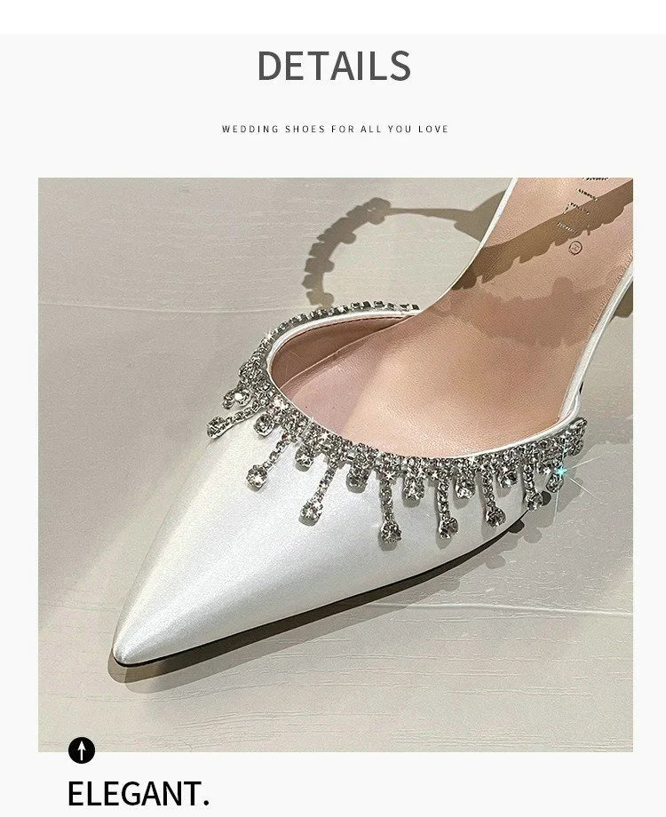 Comemore 2025 White Wedding Bridesmaid Shoes Satin Fashion Rhinestone Fringe Chain High Heels Black Temperament Elegance Pumps Good Vibrations