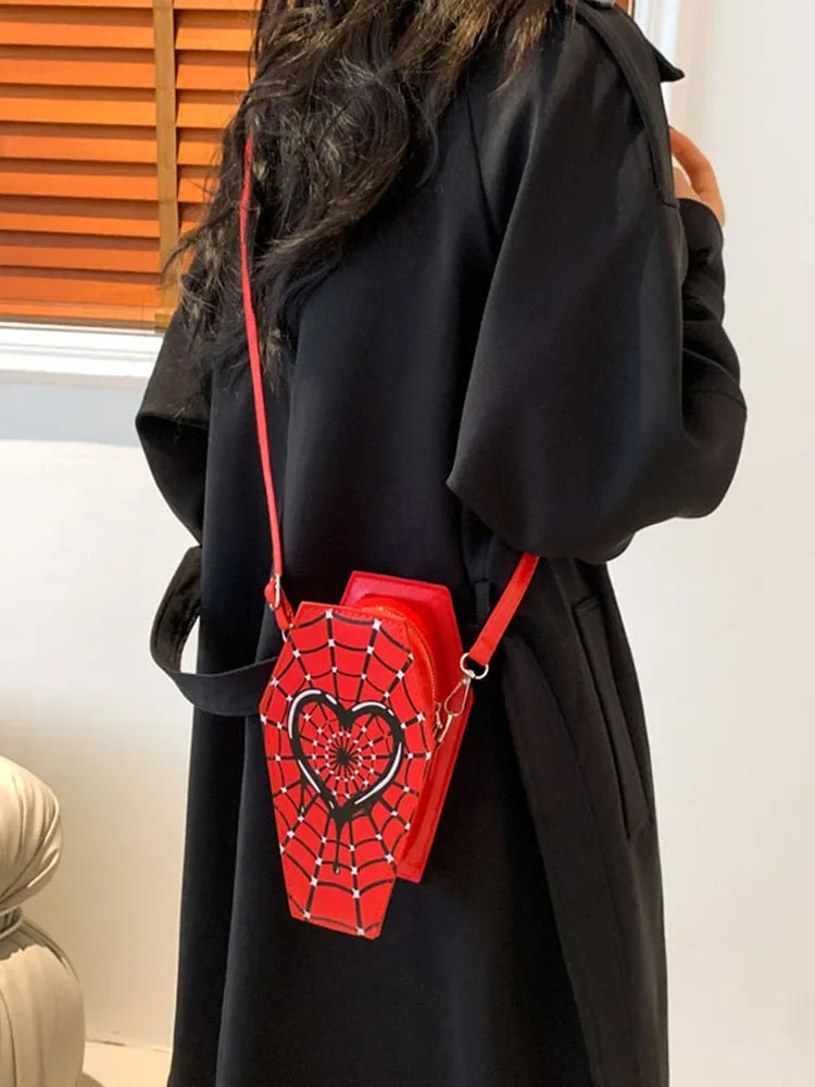 Women Fashion Shoulder Bag Large Capacity Coffin Shaped Casual Satchel Bag Adjustable Strap Spider Web PU Leather Chic Hobo Bag Good Vibrations