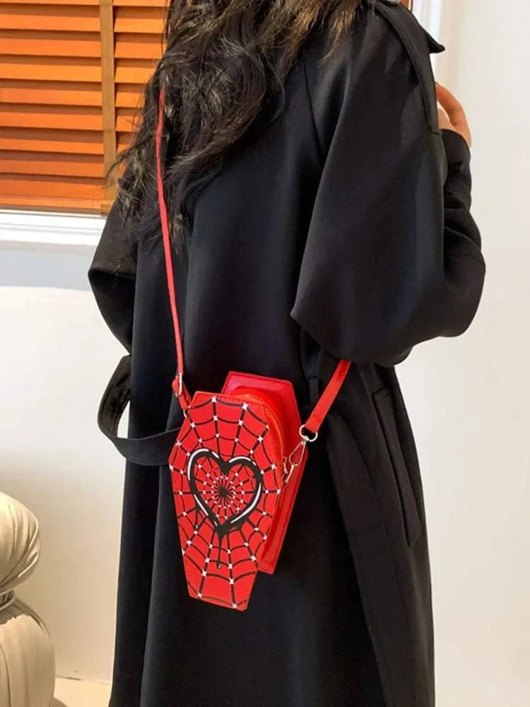 Women Fashion Shoulder Bag Large Capacity Coffin Shaped Casual Satchel Bag Adjustable Strap Spider Web PU Leather Chic Hobo Bag Good Vibrations