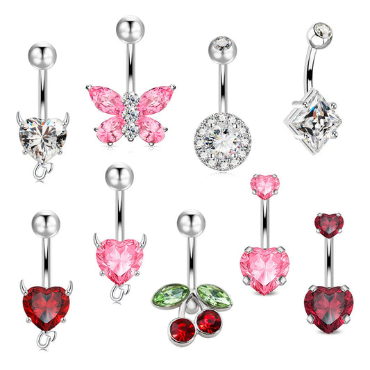 3pcs/Set Stainless Steel Color Cubic Zirconia Navel Rings Round Butterfly Heart Cherry Shapes Fashion Body Piercing Jewelry Good Vibrations Adult Super Store