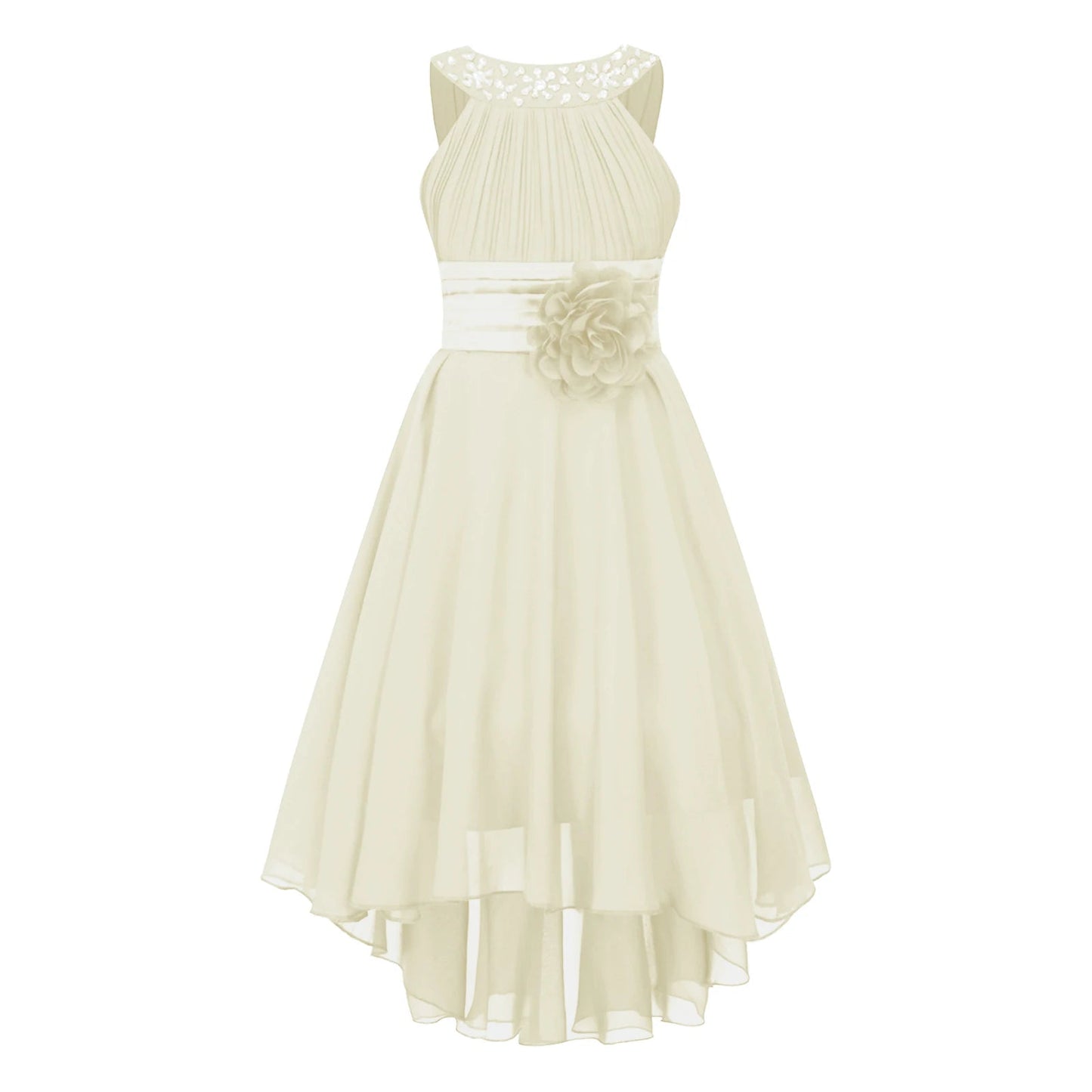 Kids Wedding Flower Girls Party Dress Sleeveless Ruched Shiny Beaded Hi-low Hem Elegant Chiffon Dress for Birthday Evening Prom Good Vibrations