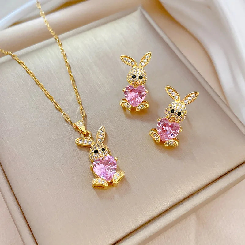 Stainless Steel Jewelry Sets for Woman Girls Shining Austrian Crystal Cute Rabbit Pendant Necklace Huggie Earrings Birthday Gift Good Vibrations Adult Super Store
