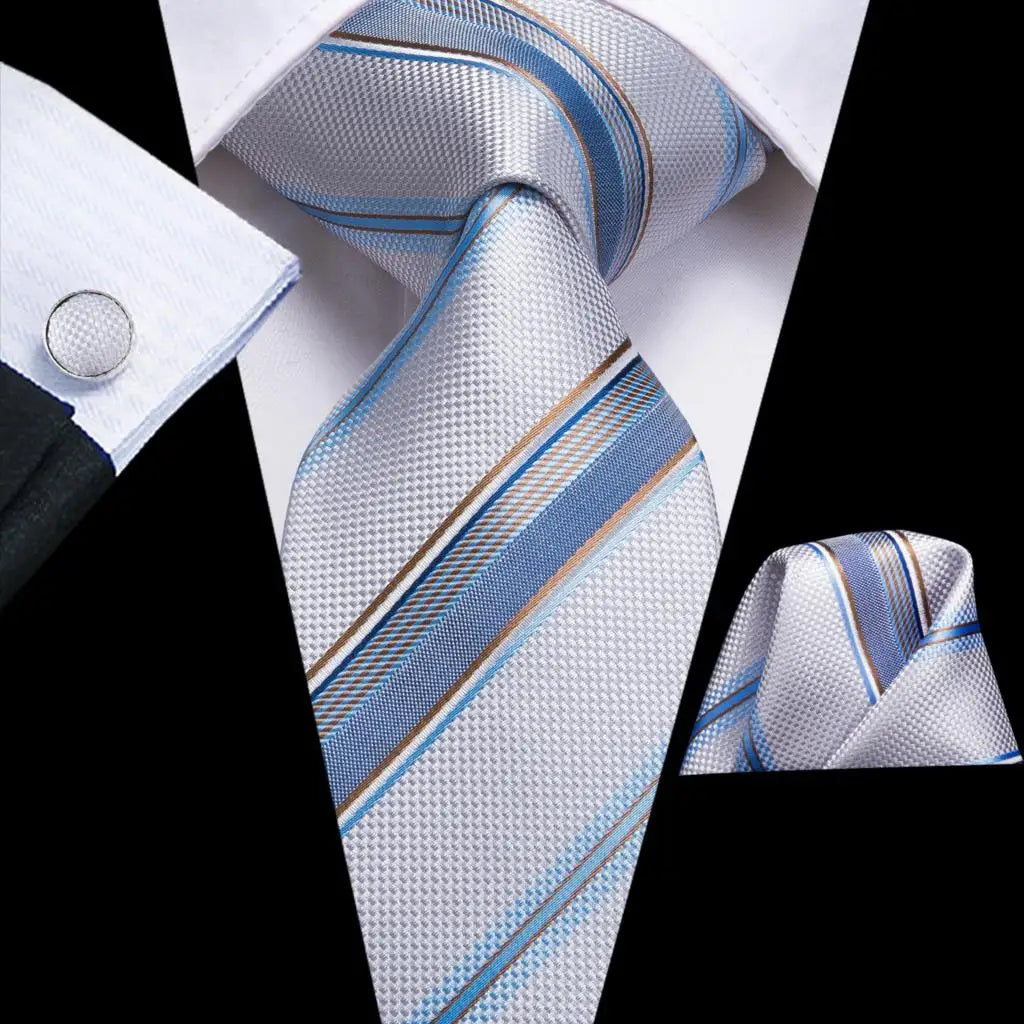 Men's Ties White Sliver Hanky Cufflinks Set Silk Neck ties For Men Wedding Party Business Mens Tie 2022 New Fashion Brand Hi-Tie Good Vibrations