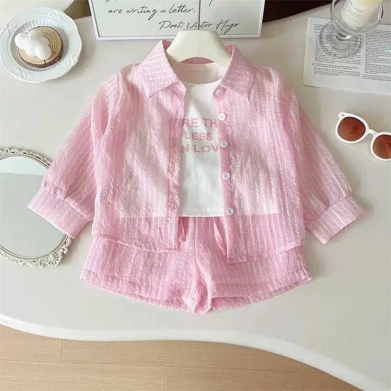 3Pcs Girls Clothing Sets Summer Cool Blouse Shirt+shorts+T-shirt Children Clothes Suits New Kids Outfits Set 2-7Yrs Good Vibrations