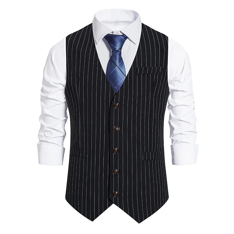 Men's Vintage Casual Black Grey Striped Single Breasted Suit Vest Elegant V Neck Gentleman Business Party Wedding Prom Vest Set Good Vibrations