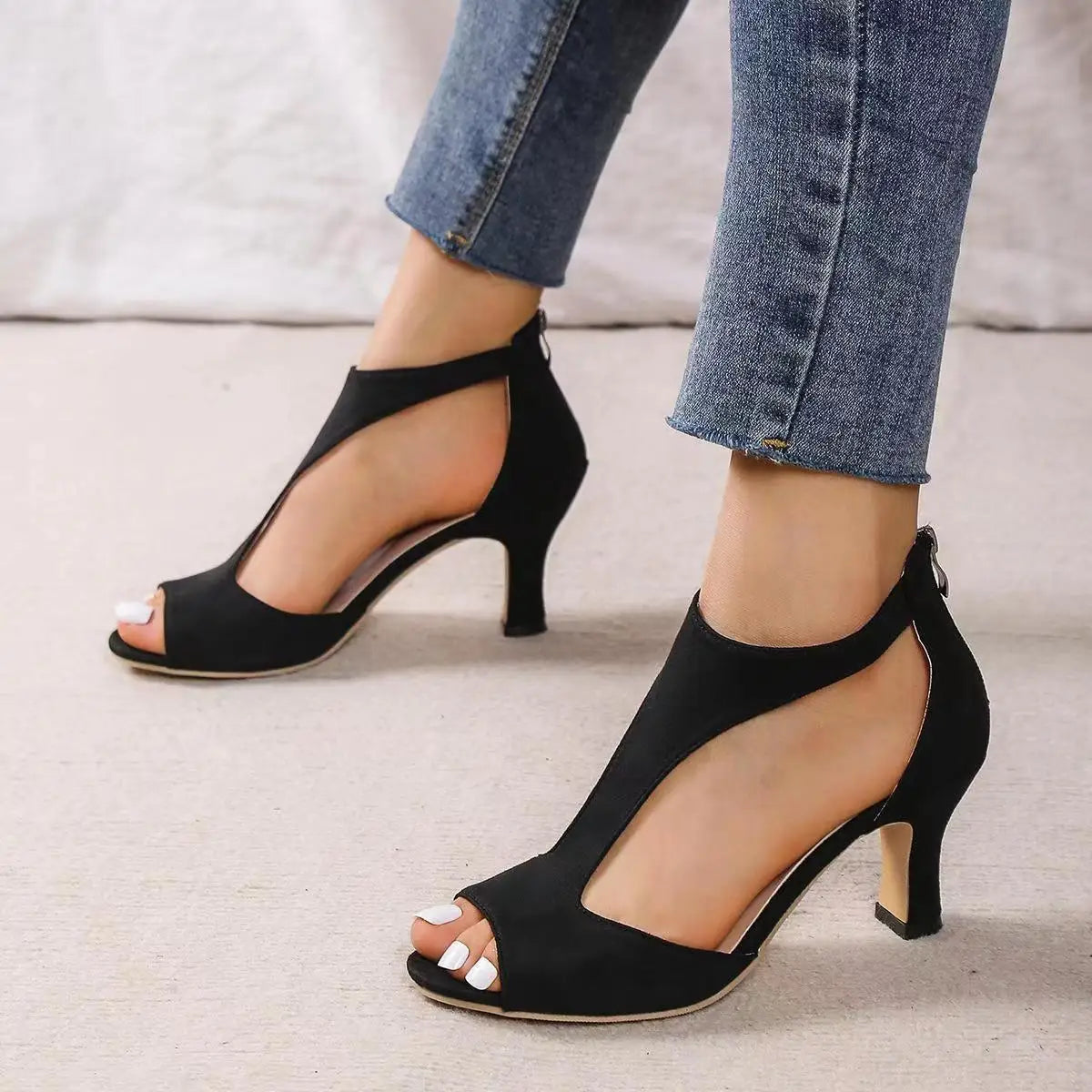 High Heel Womens Fashion Shoes - Zipper Back Closure Chunky French Heel, Round Toe T-strap Design Faux Leather Upper Rubber Sole Good Vibrations