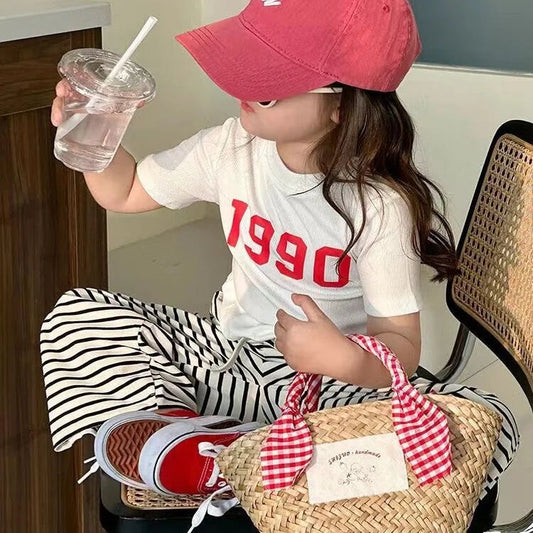 Children's Clothing Sets Digital Printed Short Sleeve Top + Striped Wide Leg Pants Kids Clothes 2 To 7Years Baby Girl Outfit Set Good Vibrations