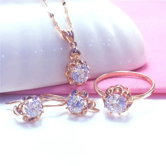 White Shiny Flower Jewelry Set Plated Rose Gold Earrings for Women Charms Rings Necklace Elegant Light Luxury Necklaces Good Vibrations