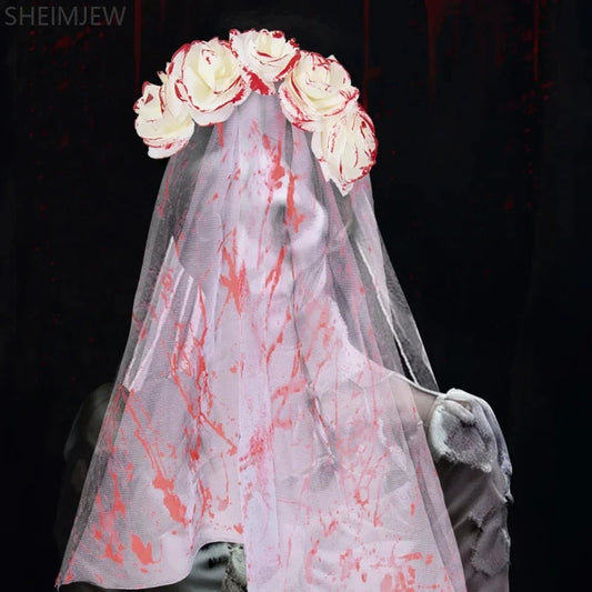 Halloween Gothic Bridal Veil Flower Headdress Bloody Mask Weird Role Playing Accessories Adult Horror Theme Party Costume Props Good Vibrations