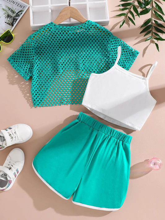 Summer girls' fashion 3-piece set, cool and breathable mesh short sleeved T-shirt+letter printed suspender+shorts Good Vibrations