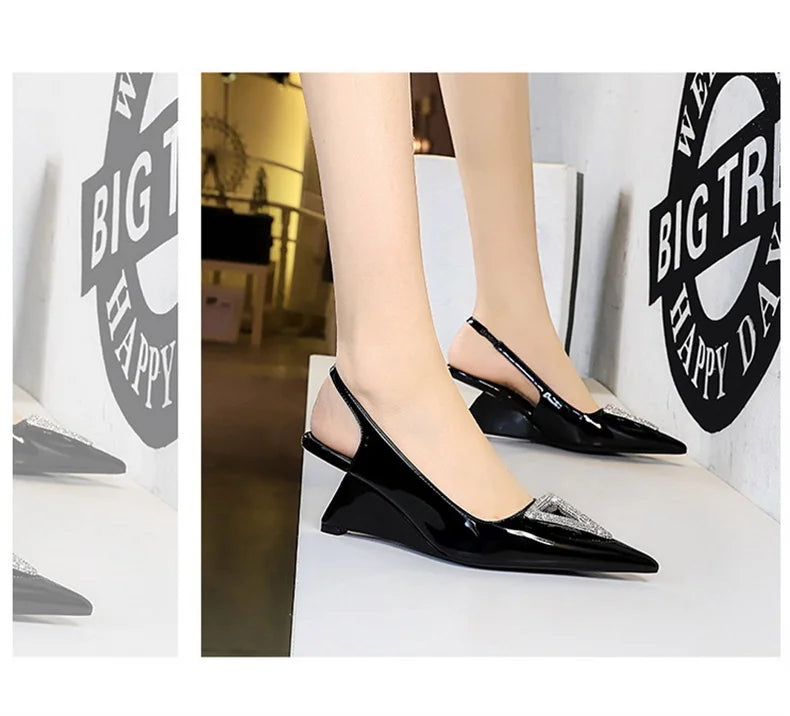 Wedges Women Shoes High Heel Shallow Pointed Toe Hollow Back Straps Patent Leather Triangle Metal Crystal Buckle Pumps Good Vibrations