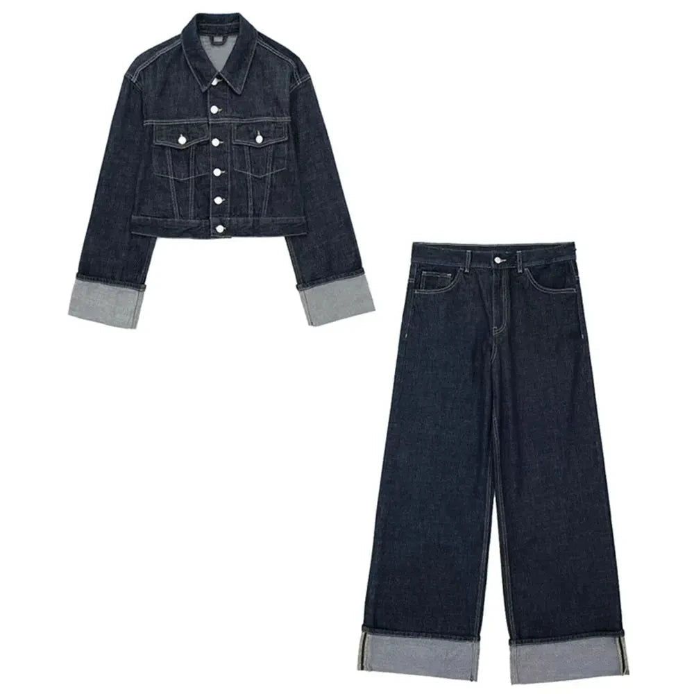 HH Women Fashion Denim Set Casual Lapel Long Sleeve Crop Jacket Buttons Female Vintage Wide Leg Loose Jeans Long Pants Good Vibrations