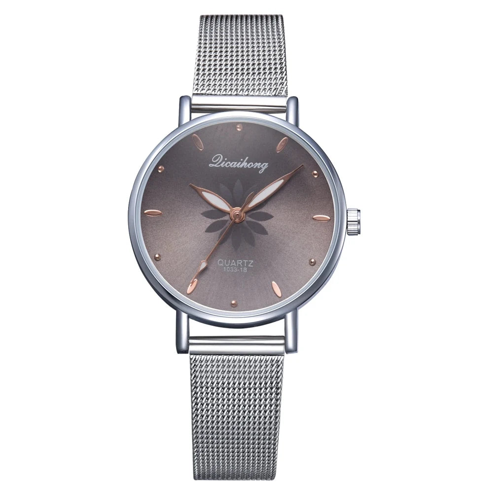 Watches For Women Luxury Silver Popular Pink Dial Flowers Metal Ladies Bracelet Quartz Clock Ladies Wrist Watch New Clock Good Vibrations