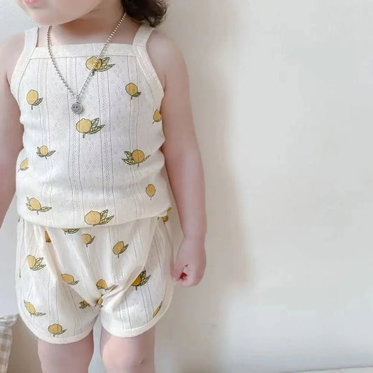 Girls Summer Clothes Sets New Baby Sleeveless Tops Shorts 2 Pieces Suit Girls Square Collar Clothing Set Kids Cotton Clothes Good Vibrations