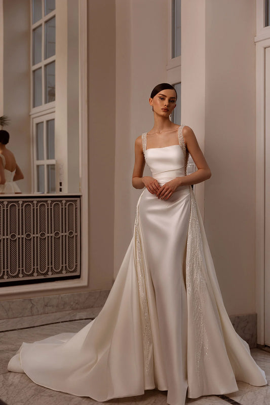 Sharon Said Satin Mermaid Wedding Dress Luxury Beaded Pearls Long Train Sexy Backless Bridal Gowns SW490 Customized