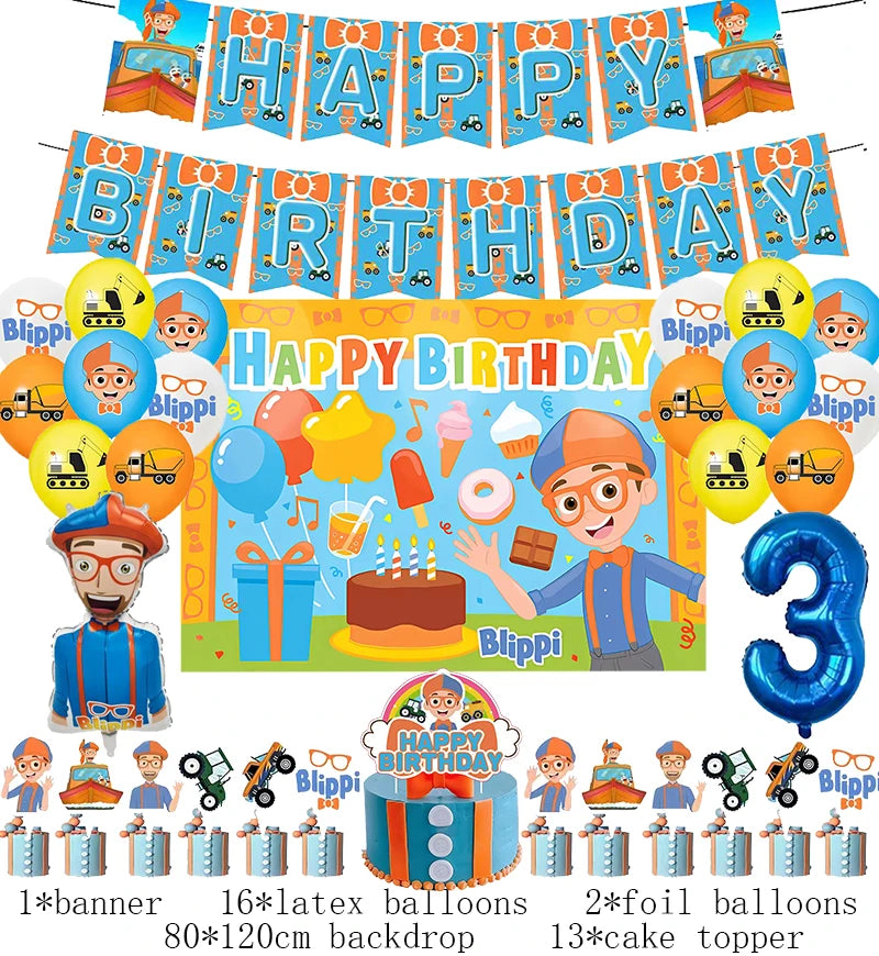New Blippiing Birthday Party Decoration Foil Balloon Backdrop Banner Cake Topper Baby Birthday Party Supplies Good Vibrations
