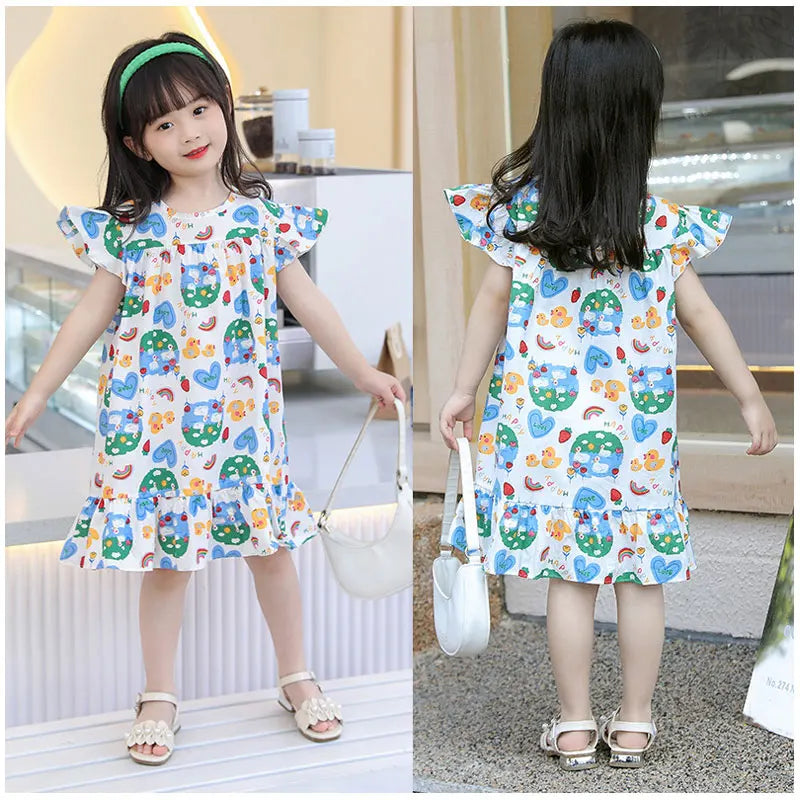 Girl Dresses100% Cotton Children's Clothing Summer Kids Clothes Girls Party Princess Fashion Outfit Flower Pattern Beach Dresses Good Vibrations
