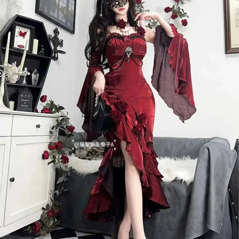 Red rose fish tail elegant royal sister dress - Stylish Fit