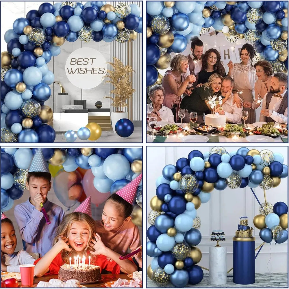 Blue White Metallic Balloons Garland Kit Gold Confetti Balloon Arch for Baby Shower Birthday Graduation Wedding Party Decoration Good Vibrations