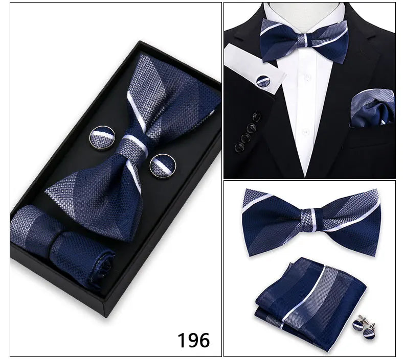 Bowtie For Men Set Gift Box Business Gift Fashion Bow Tie Pocket Square Cufflinks Set Bowtie 3pcs For Wedding Hanky Cravata Neck Good Vibrations