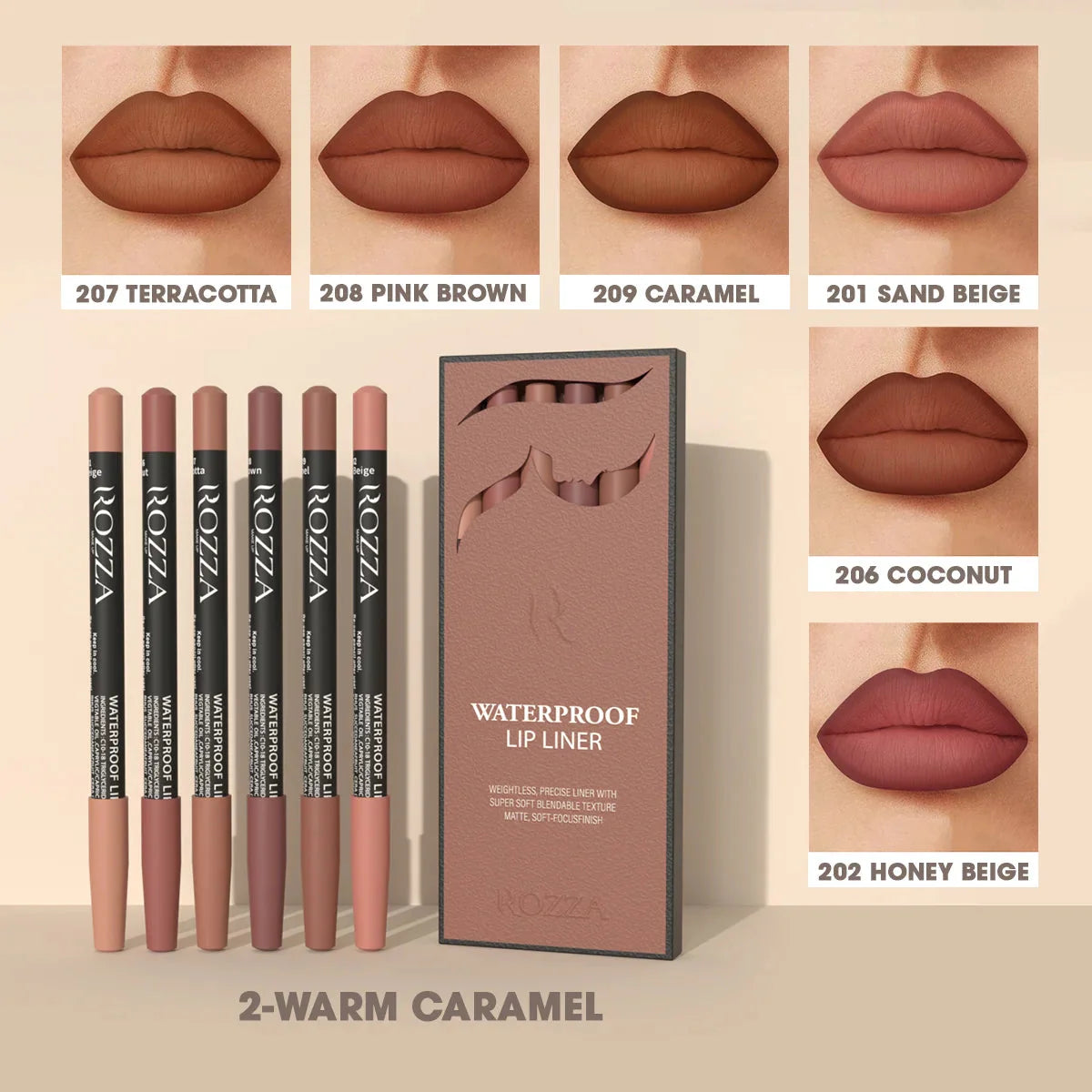 Rozza Waterproof Lip Liner Pencil Set in various shades with long-lasting, matte, super soft blendable texture