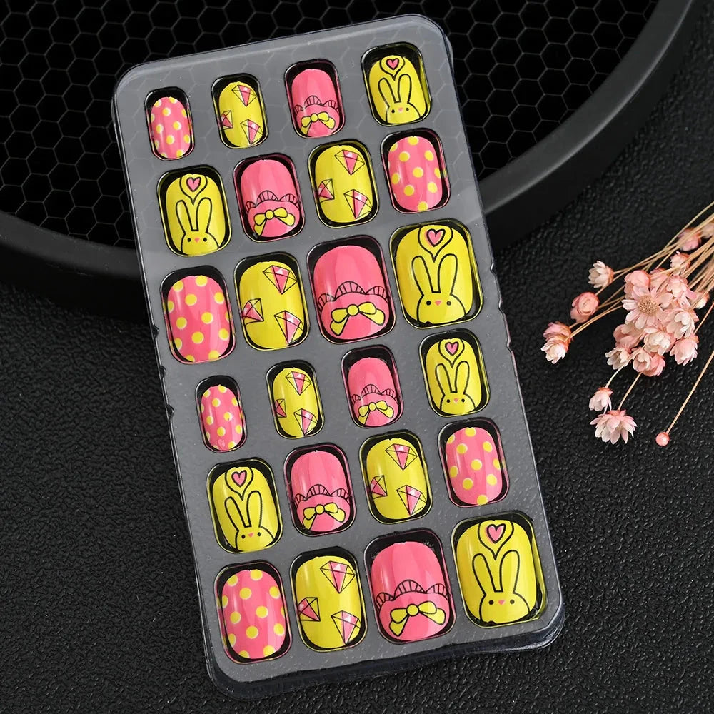 24 Pcs/box Children Cartoon Nail Tips Colorful Artificial Fake Nails for Cute Kids Girls Full Cover Short False Nail Art Kits* Good Vibrations