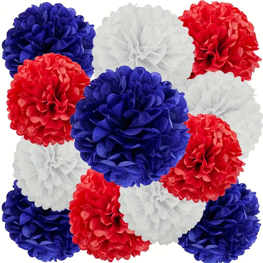12pcs Red, Blue and White Party Decoration Ceiling Wall Hanging Tissue Flowers Decorations for Wedding Independence Day Good Vibrations