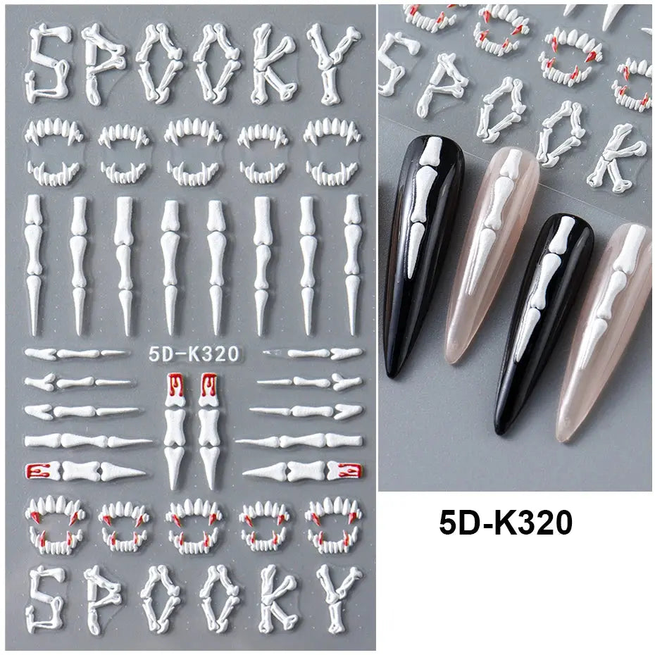 5D Halloween Nail Stickers White Bones Design Spooky Ghost Pumpkin Sliders for Nails Glitter Heart Spider Web Manicure Decals Good Vibrations