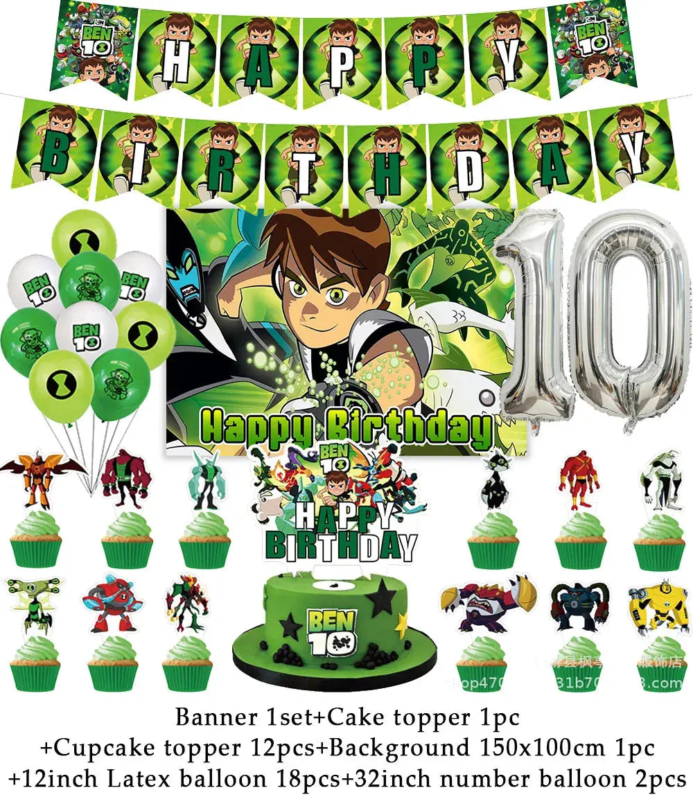 Cartoon Ben-10 Birthday Party Decoration Balloons Favor Set Banner Cake Toppers Baby Shower Boys Gift Party Supplies Photo Prop Good Vibrations
