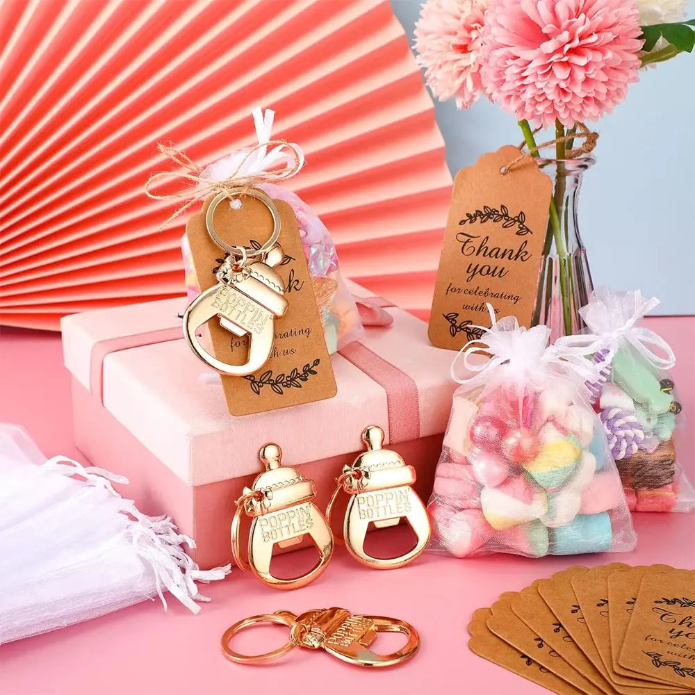 10 set baby shower gift set, bottle shaped opener with hard gauze bag commemorative keychain, thank you label themed party gift Good Vibrations