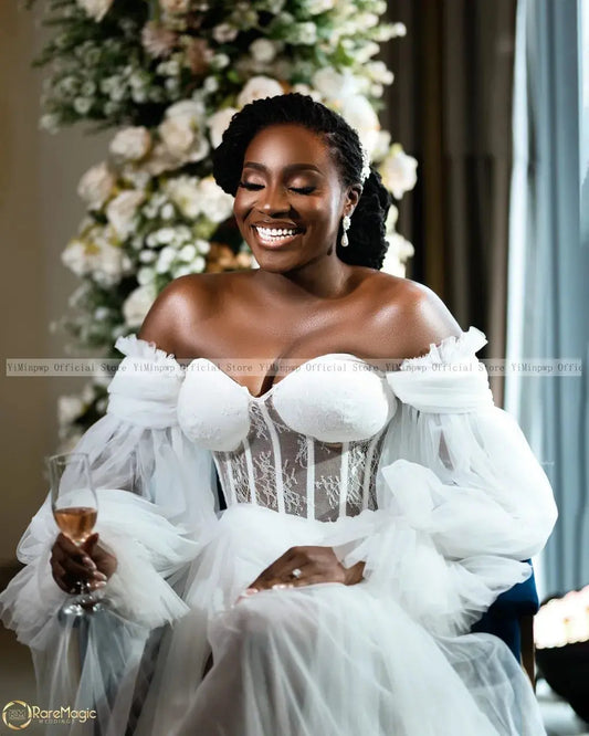 White Bride Robes for Wedding Tulle Lace Bridal Shower Dresses Off Shoulder Long Sleeve Side Split Sweep Train A Line Customized Good Vibrations