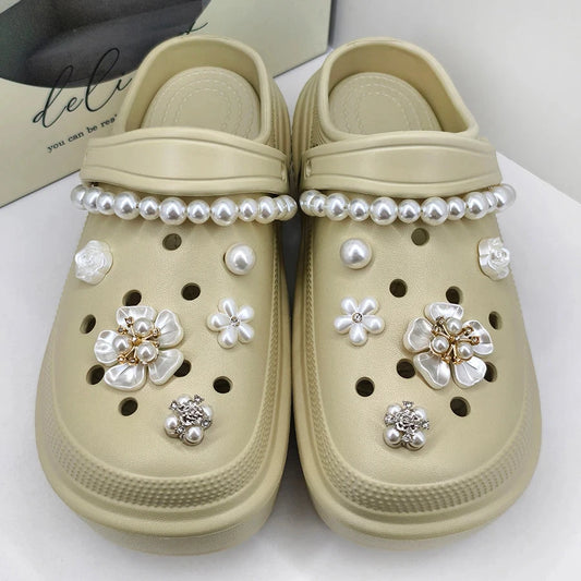 12pcs Luxury ABS Pearl Rose Flower Chain Charms for Crocs Decoration Suitable for Clogs Bogg Beach Bags Party Gift Idea Good Vibrations