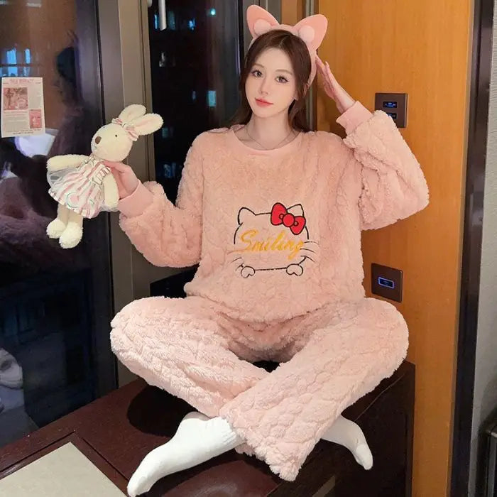 Thickened Cute Cartoon Sleepwear Set for Women Warm Home Clothes plus Size Long Sleeve round Neck Comfortable Polyester Fiber Good Vibrations