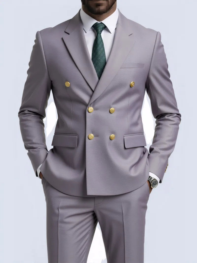 Suit (Blazer + Trousers) Men's Fashionable Gentleman Business Double-breasted Solid-color Banquet Host Casual Wedding Suit Good Vibrations