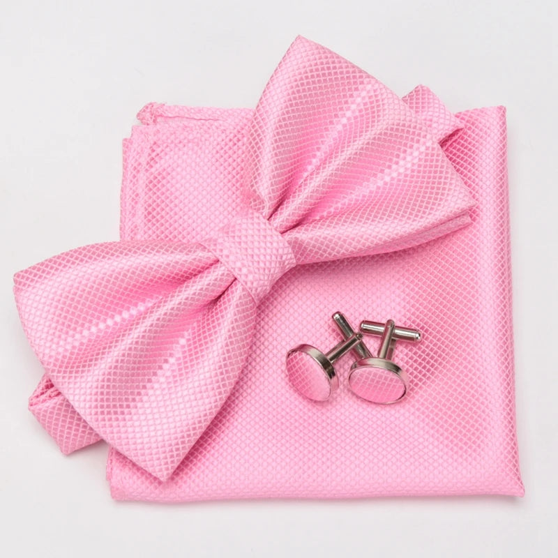 Men Bowtie Set 3pcs Plaids Classic Fashion Wedding Party Formal Cufflinks Bow Tie Handkerchief Cuff Links Lots Three Piece Set Good Vibrations