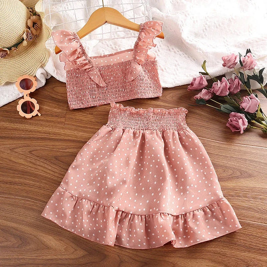 Girls' Clothing Set 5-12T Tri-Color Optional Flying Sleeve Square Collar Vest Top + Lace Skirts Children Girls Baby Clothes Set Good Vibrations