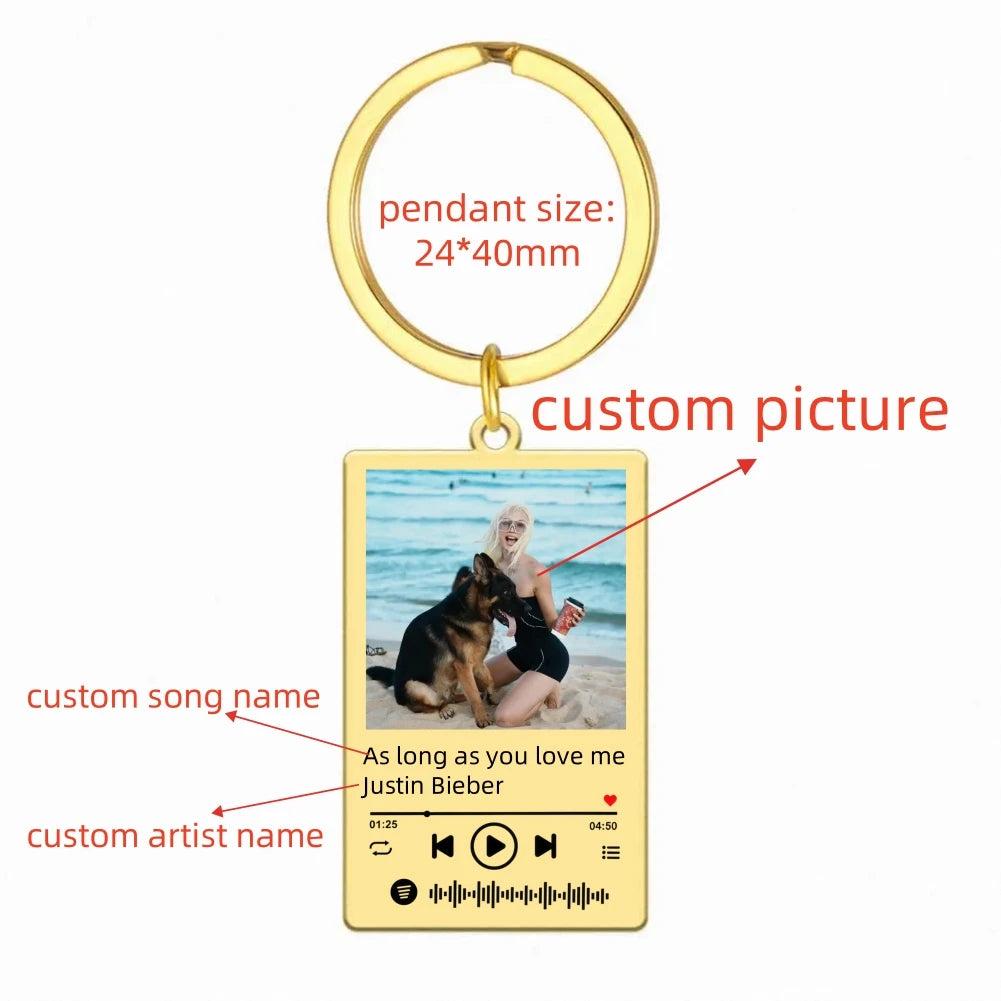 Jeshayuan Custom Picture Keychain Customized Music Song Key Ring Stainless Steel Personalized Photo Keychains Gifts for Lover Good Vibrations