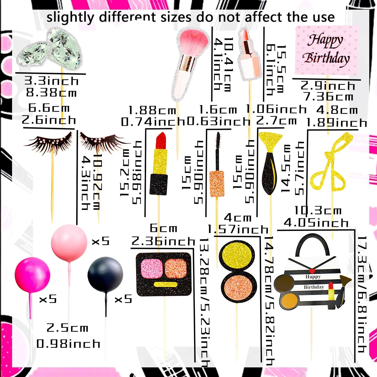 LaVenty Makeup Cake Toppers Glamour Party Decorations Girl Birthday Cake Topper Balls Palm Leaves Cake Topper Spa Cake Topper Good Vibrations