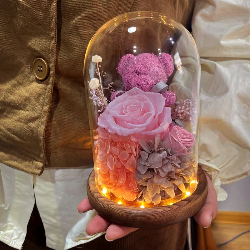 Valentine's Day Gift for Girlfriend Eternal Preserved Rose Flower Gift Box Teddy Bear Eternal Flower with Lights Gift for Women Good Vibrations