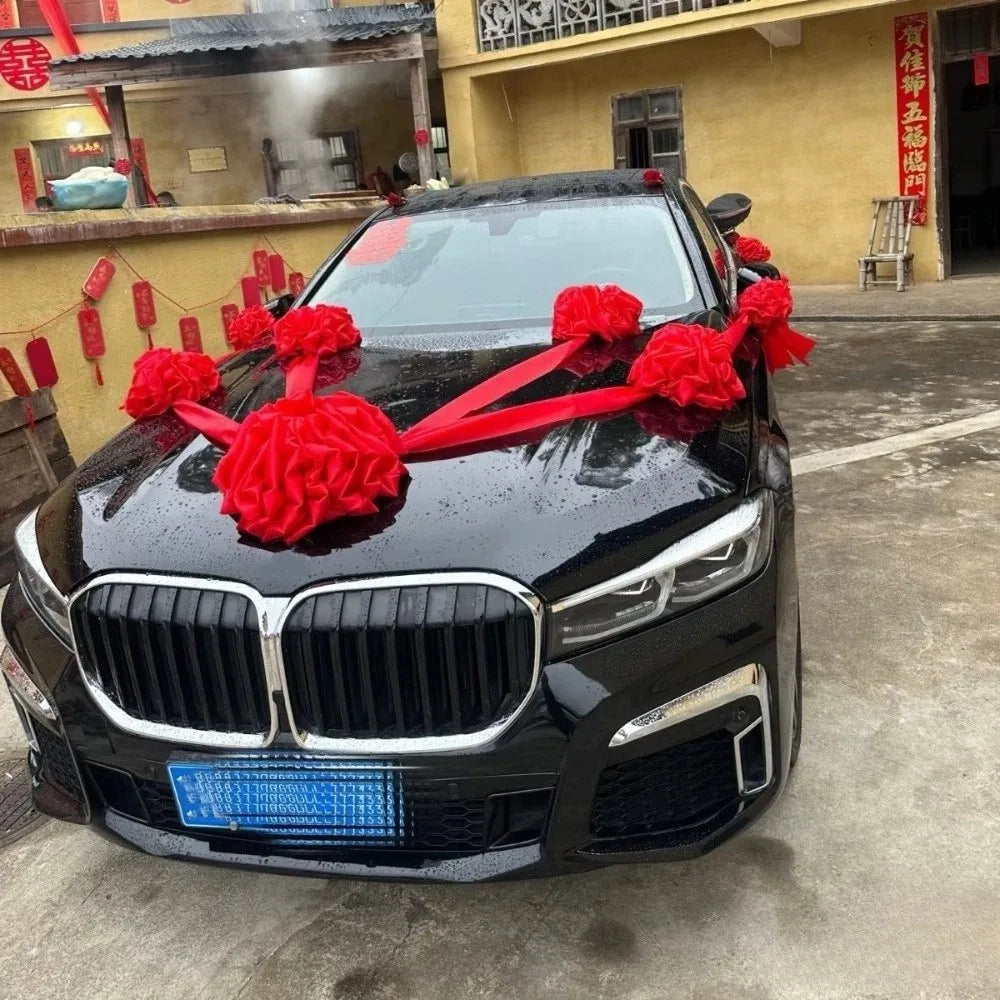 Large Wedding Car Front Decor Full Set Romantic Floral Ball Flower Arrangement Ribbon Bows Bridal Main Car Decor Good Vibrations