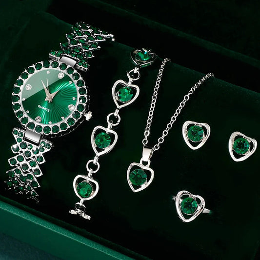 Women Fashion Watches Heart Rhinestone Ring Necklace Earring Jewelry Set Luxury Dress Quartz WristWatch Simple Elegant Watch Gif Good Vibrations Adult Super Store