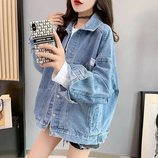 Casual Long Sleeve Denim Shirt Women's Versatile Spring Autumn Wear Multiple Times Outerwear Polyester Fiber Loose Fit Good Vibrations