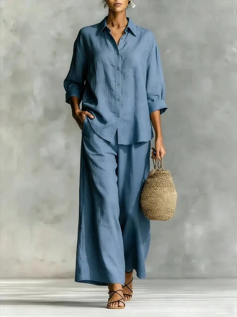 Plus Size Women's New Casual Two Piece Set 7-Sleeve Shirt Wide Leg Pants Comfortable Office Commute Matching Set Good Vibrations
