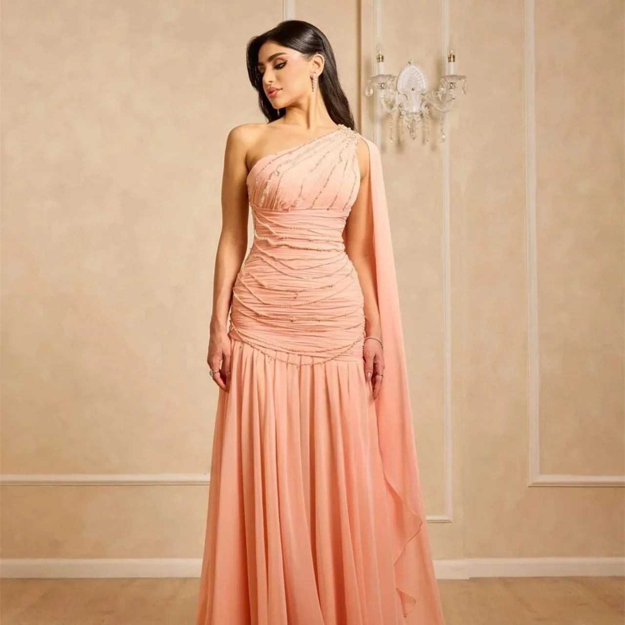 Customized High Quality Floor-length Wedding Party Dress One Shoulder Wrinkle Pink Sweet Zipper Sleeveless Prom Dresses Beaded Good Vibrations