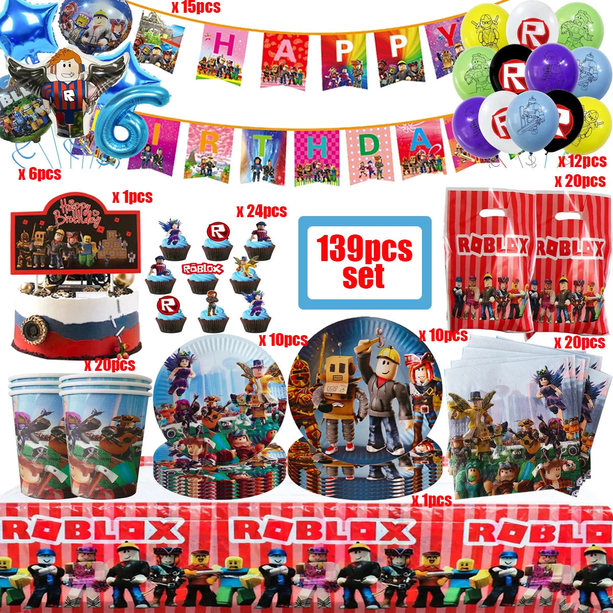 139PCS Roblox Birthday Decoration Party Kit Disposable Tableware Set Roblox Game Tablecloth Balloon Gift Bag Kids Party Supplies Good Vibrations